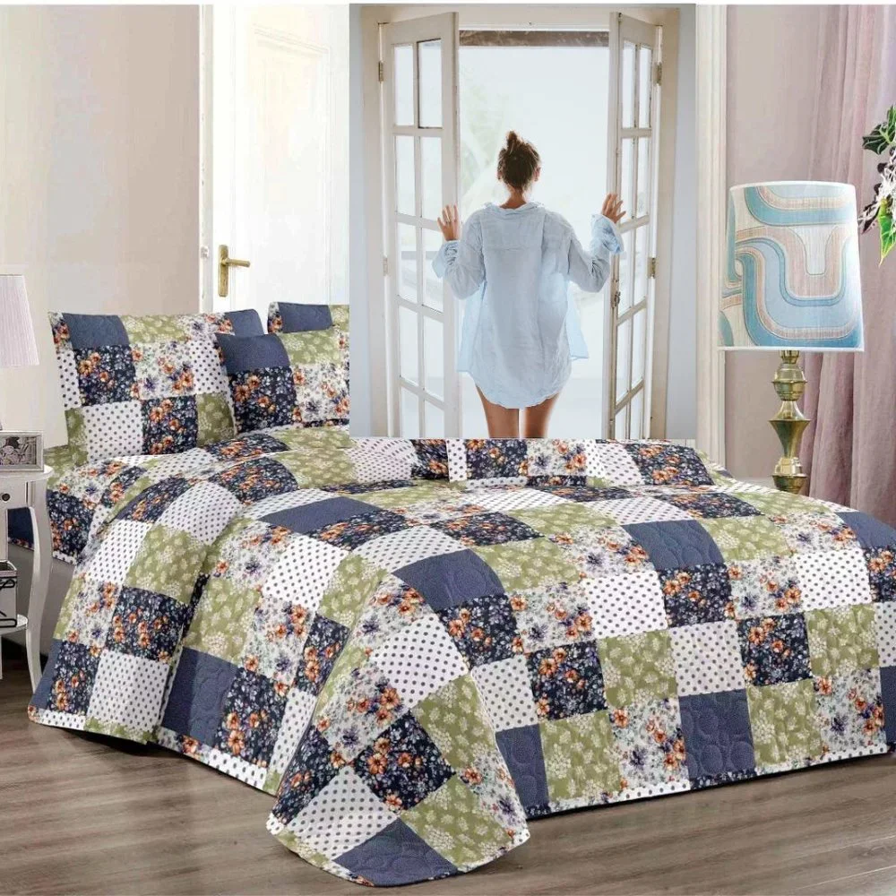 Floral & Geometric Pattern Quilted Bedspread Set Bedspreads Queen Size King